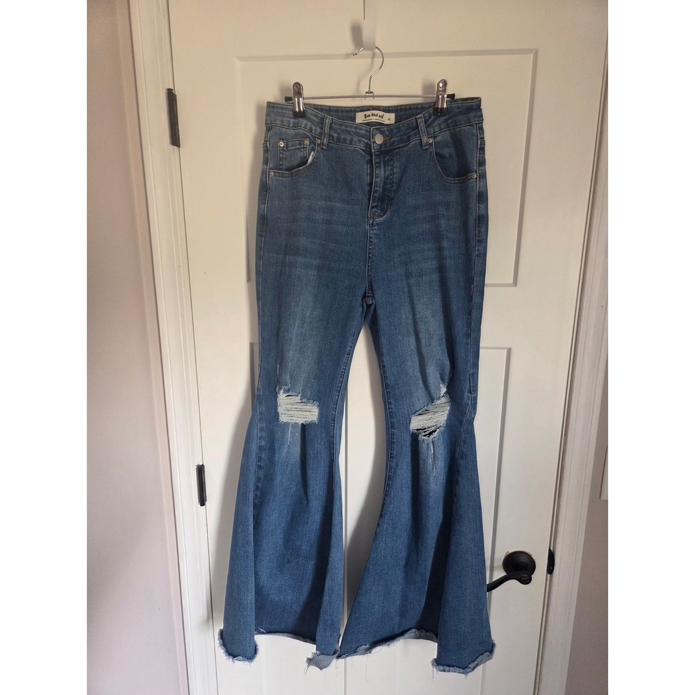 Three Bird Nest Distressed Bell Bottom Jeans XL Blue High Rise Raw Hem Flare